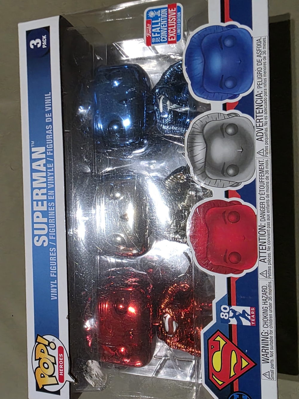 Funko Heroes Superman 3-Pack - Blue, Silver, Red Metallic Vinyl Figures